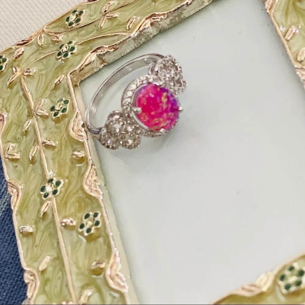 Sterling silver pink opal w/ rhinestones ring, Sz. 7